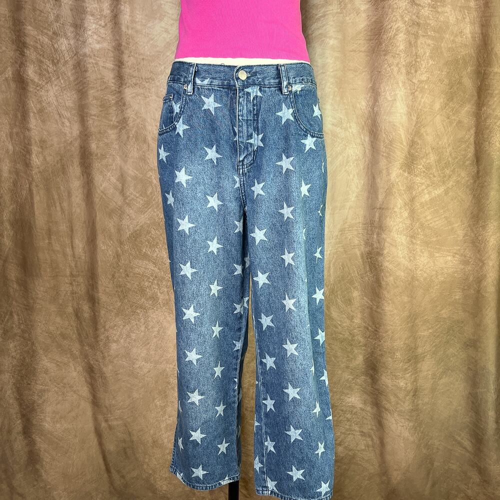 Y2K Star Jeans Blue Denim Wide Leg High Rise All Over Print Streetwear 2000s